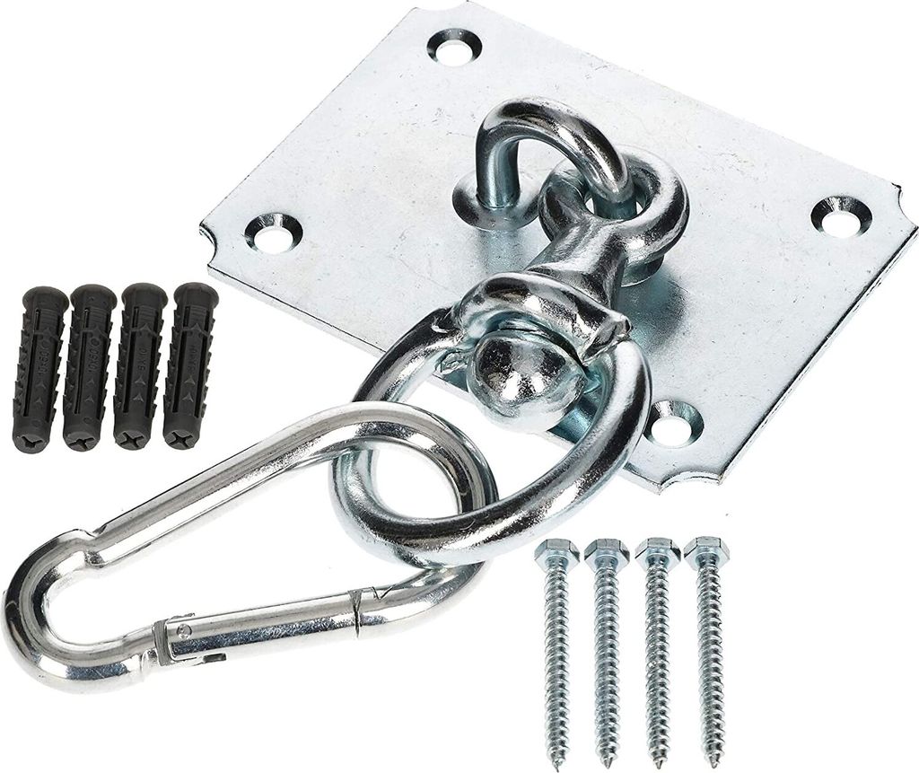 A close-up shot of a metal ceiling hook with carabiner and screws on a white background.