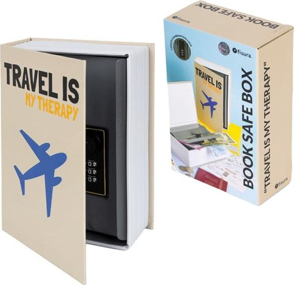 Ein buchförmiger Safe mit der Aufschrift „Reisen ist meine Therapie“.