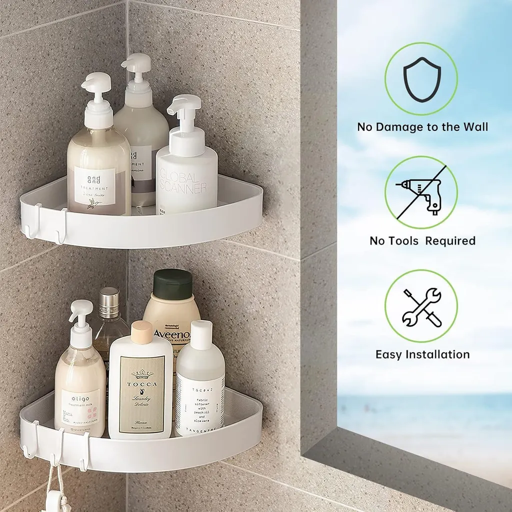 Double étagère de douche d'angle sans perçage avec 4 crochets blancs - 6