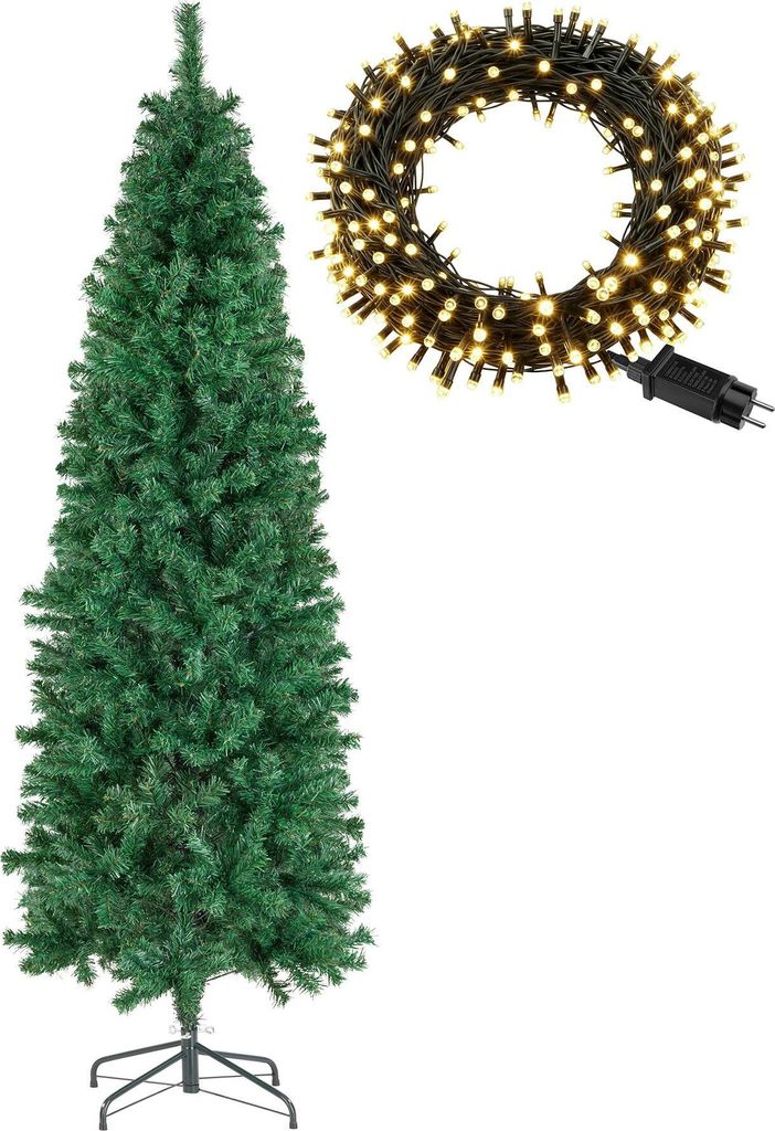 Set Weihnachtsbaum mit Lichterkette verschiedene Größen, künstlich in Grün, mit dichten Nadeln pulverbeschichteter Metallständer mit Kunststof...