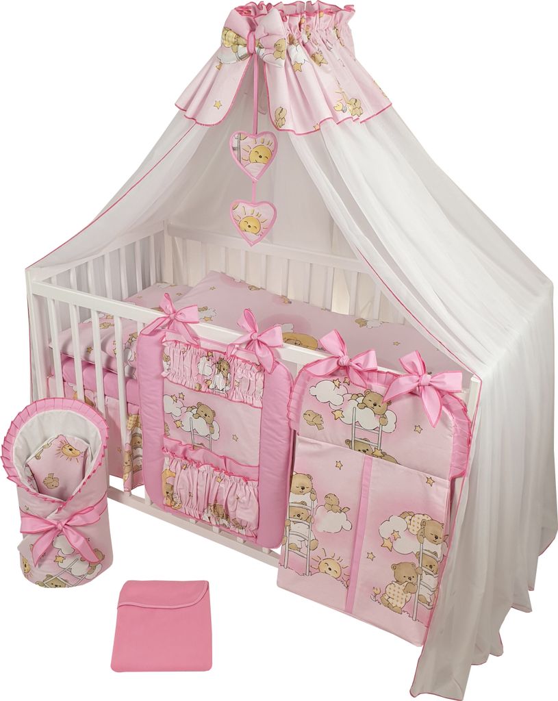 HAPPY 16 Teiliges Babybett Kinderbett und Bettwäsche komplett Set höhenverstellbar aus Massivholz für Neugeborene Babys und Kleinkinder (Rosa-Te...