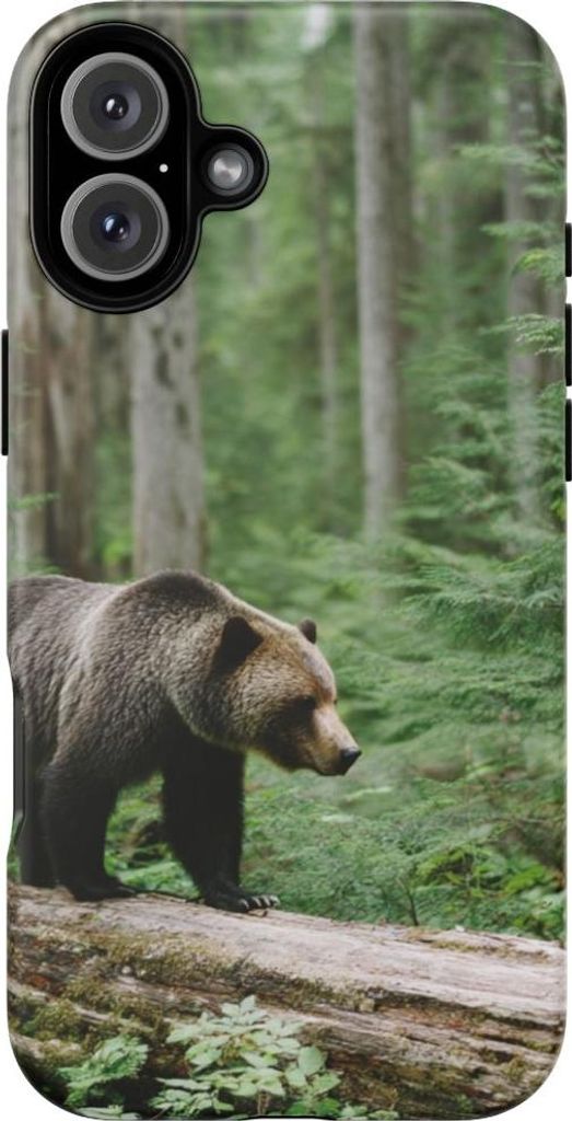 Grizzlybär auf umgestürztem Baum im Wald – Hülle Kompatibel mit iPhone 16 Plus