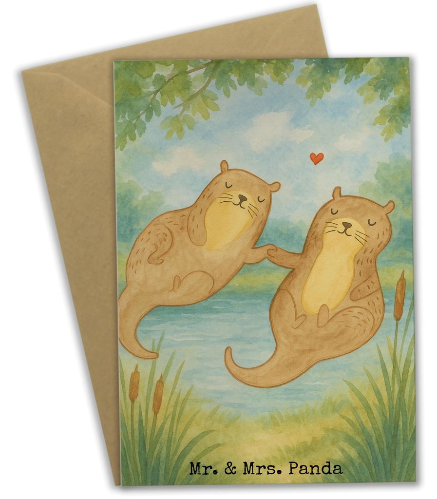 Mr. & Mrs. Panda jubiläumskarte Otter Hände halten Design - Weiß - Geschenk, Grußkarten, Verliebt, weihnachtskarten, hochzeitskarten, Klappkart...