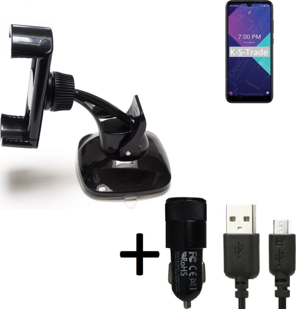 K-S-Trade Halterung kompatibel mit Wiko Ride 3 Windschutzscheibe / Armaturenbrett + LADEGERÄT mit Mico USB Kabel Autohalterung KFZ Halter