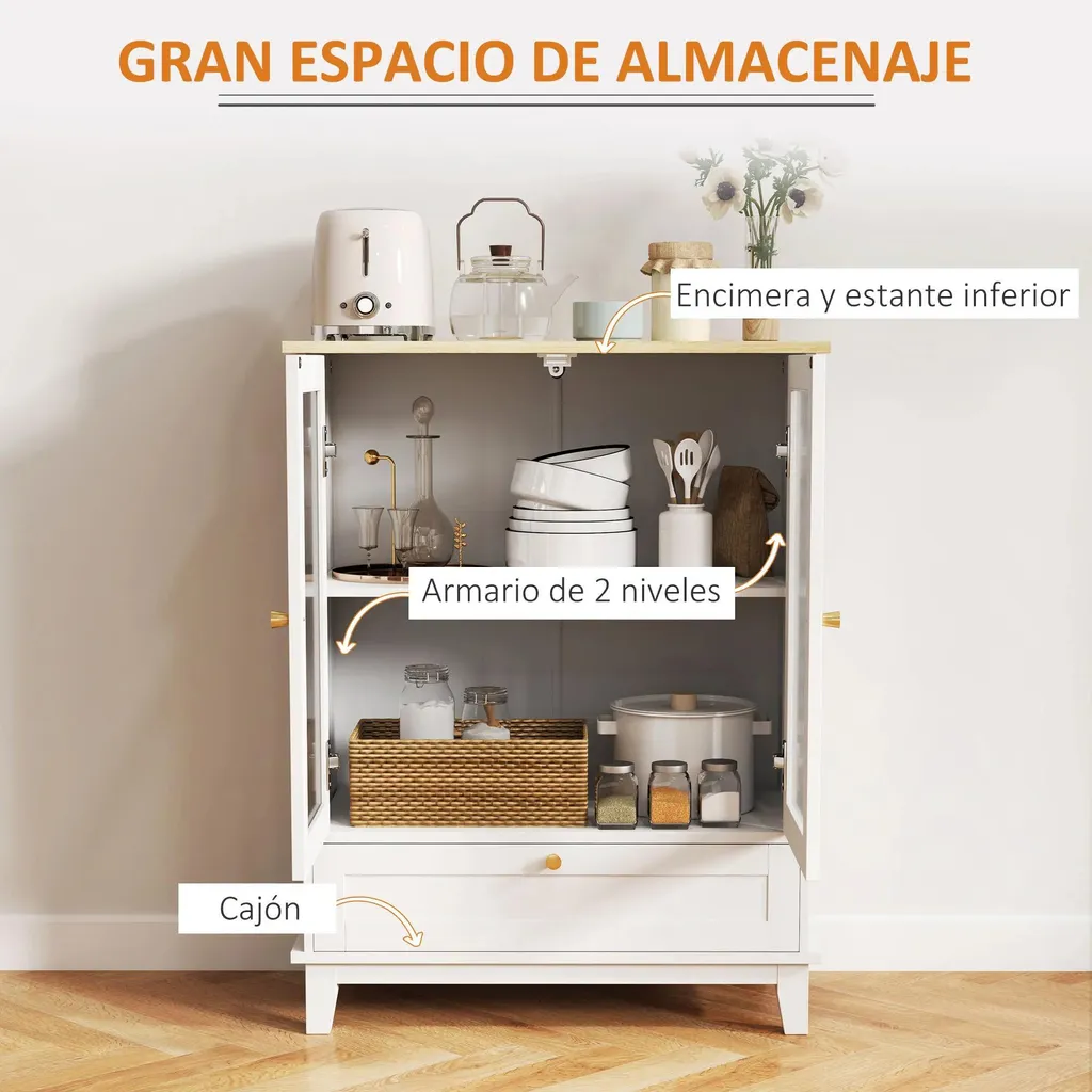 Sideboard Buffet Gain de Place 2 Portes Vitrées Blanc Chêne pour Studio - 4
