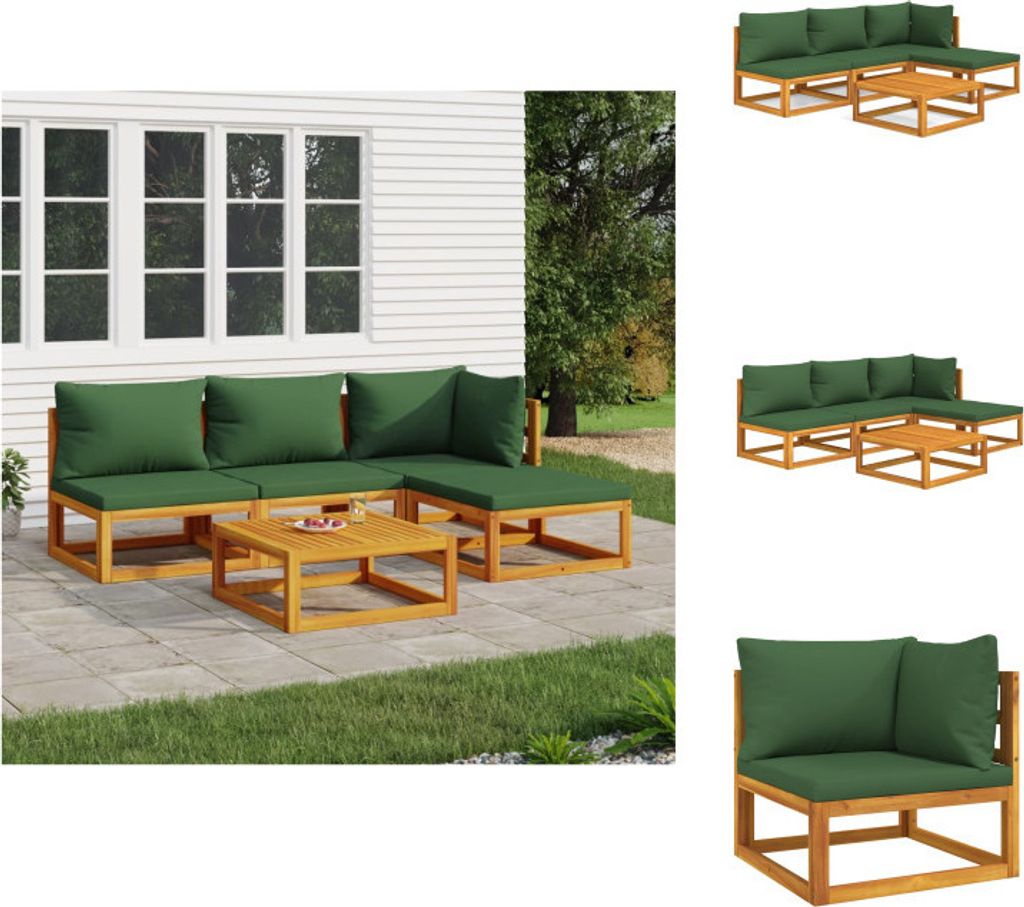 vidaXL 5-tlg. Garten-Lounge-Set mit Grünen Kissen Massivholz - Gartenmöbel-Sets