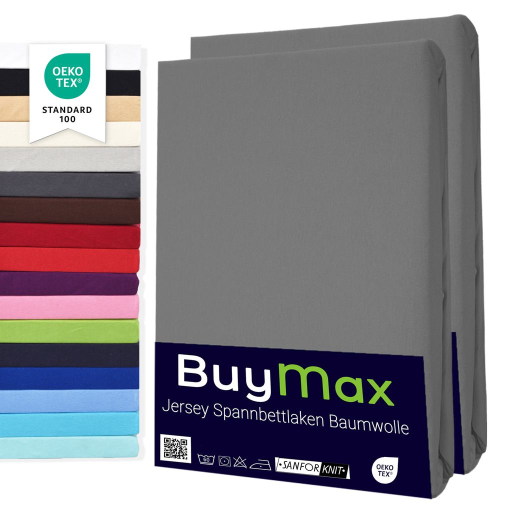 Buymax Spannbettlaken DOPPELPACK Jersey 100% Baumwolle Spannbetttuch in Farbe Anthrazit-Grau, Größe 60x120 cm