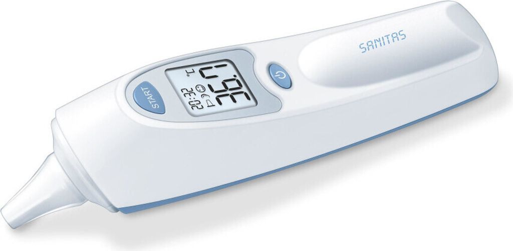 A white Sanitas digital ear thermometer on a white background.