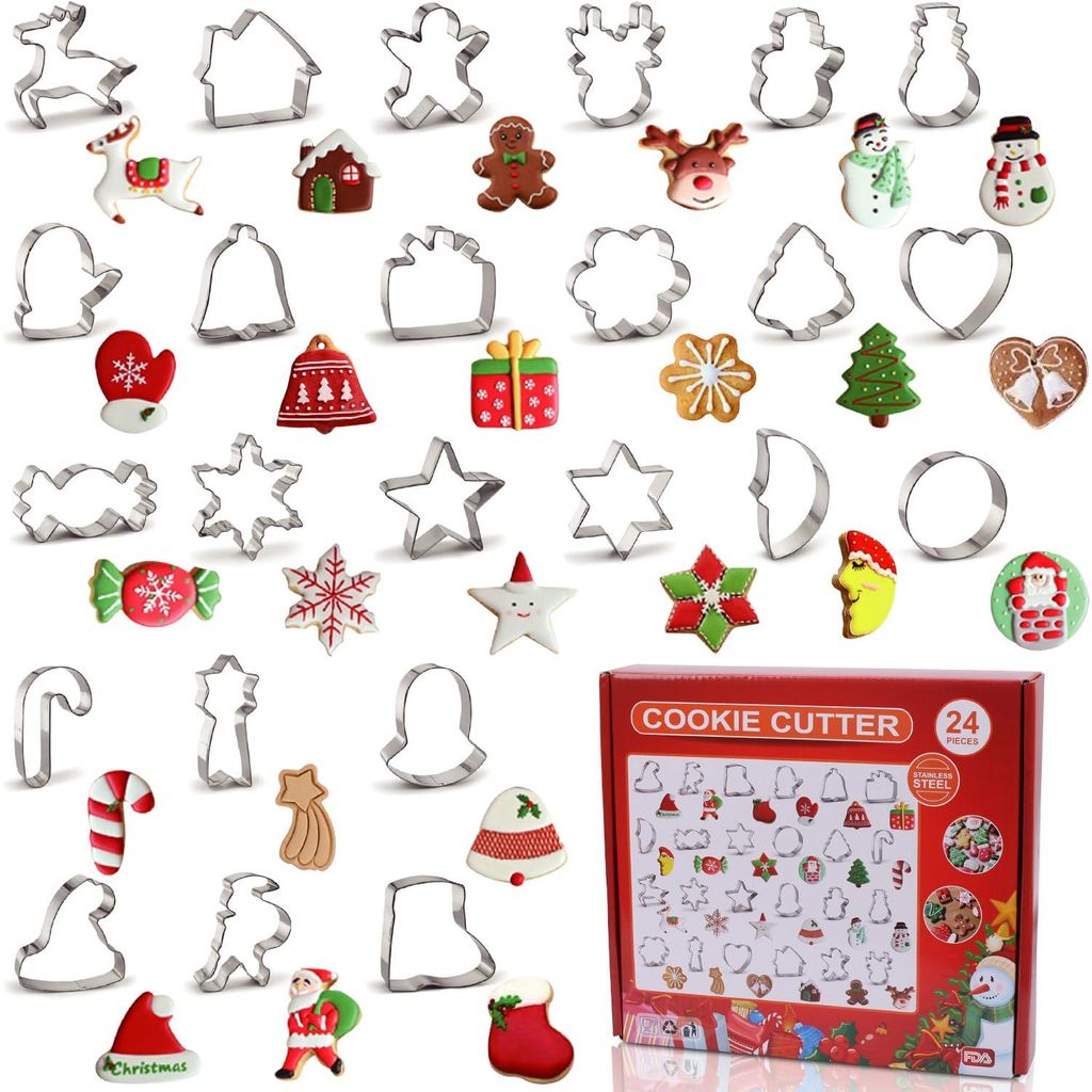 24 große Weihnachtsplätzchenausstecher aus Edelstahl – Lebkuchenmann, Weihnachtsbaum, Zuckerstange, Weihnachtsmann, Rentier und mehr