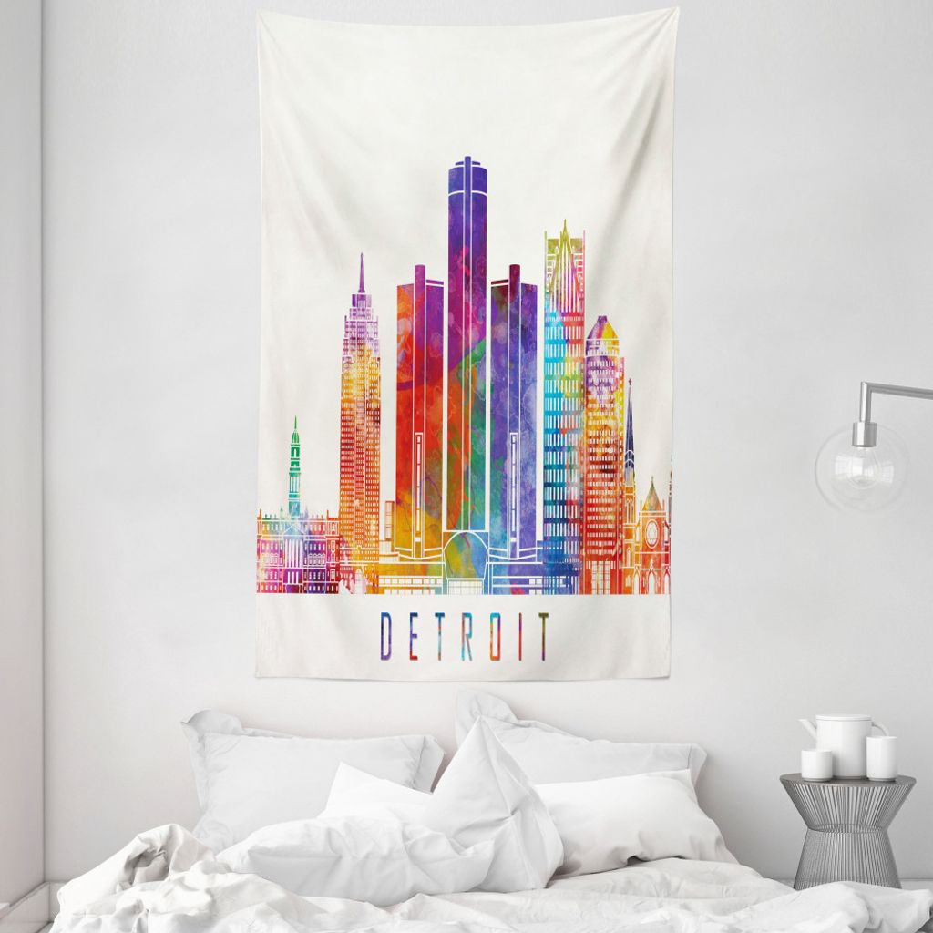 ABAKUHAUS Detroit Wandteppich und Tagesdecke, Vibrant Modernes Gebäude aus Weiches Mikrofaser Stoff Waschbar ohne Verblassen Digitaldruck, 140 x 2...