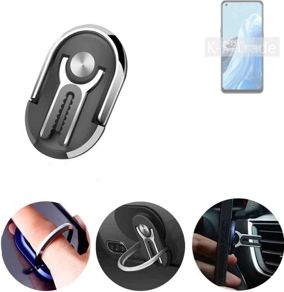 K-S-Trade 3in1 Smartphone-Ring Handy-Ring kompatibel mit Oppo Reno8 Lite 5G Fingerhalterung Handyring Tischständer Lüftungsgitter-Halterung Tisch