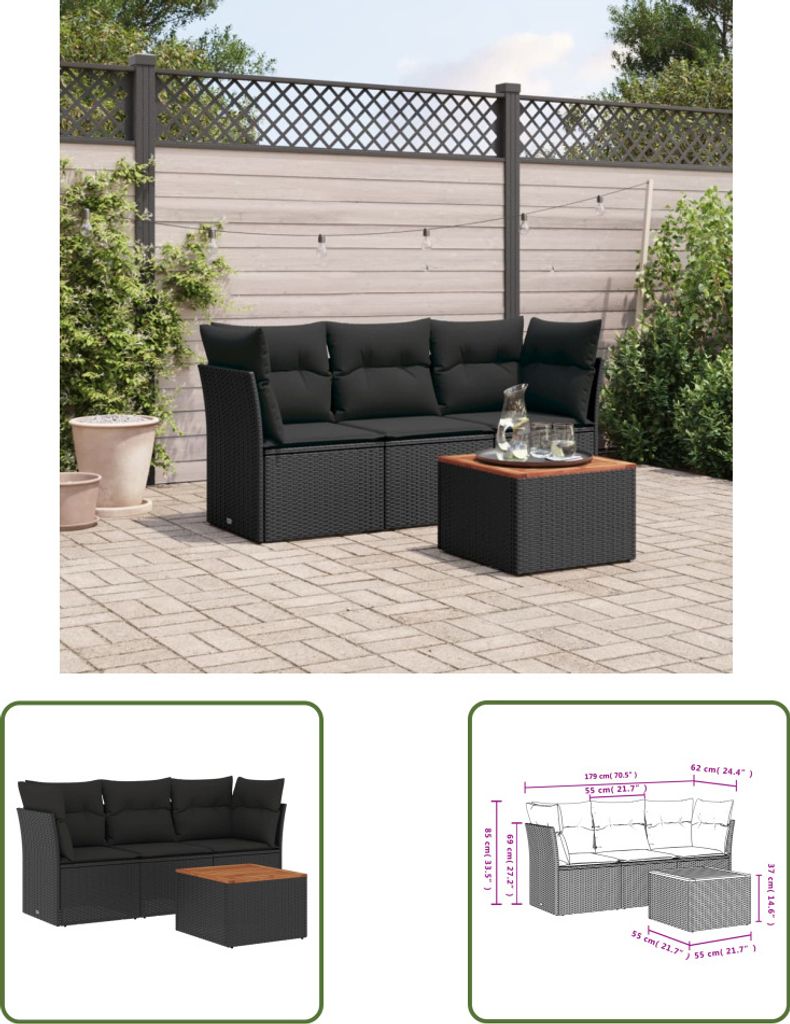 The Living Store 4-tlg. Garten-Sofagarnitur mit Kissen Schwarz Poly Rattan