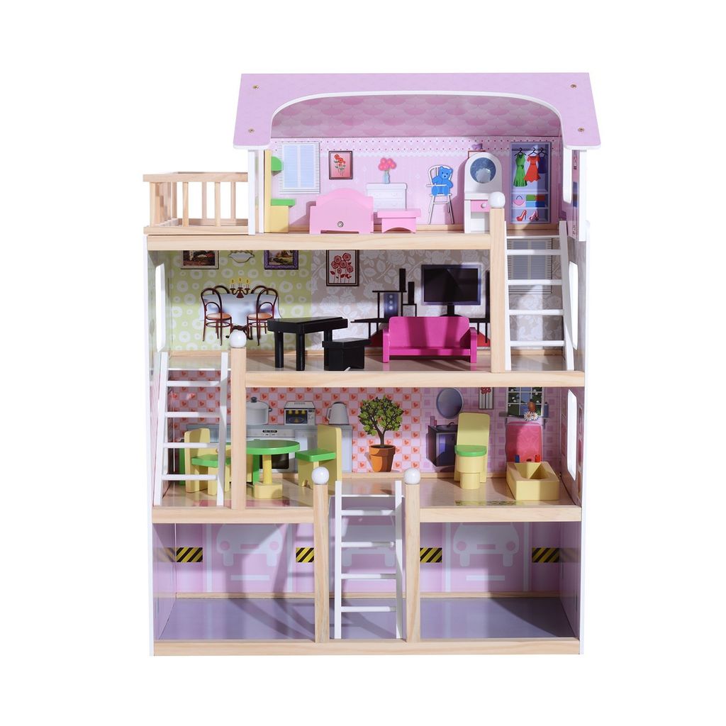 HOMCOM Kinder Puppenhaus Puppenstube Barbiehaus Dollhouse 4 Etagen mit Möbeln 