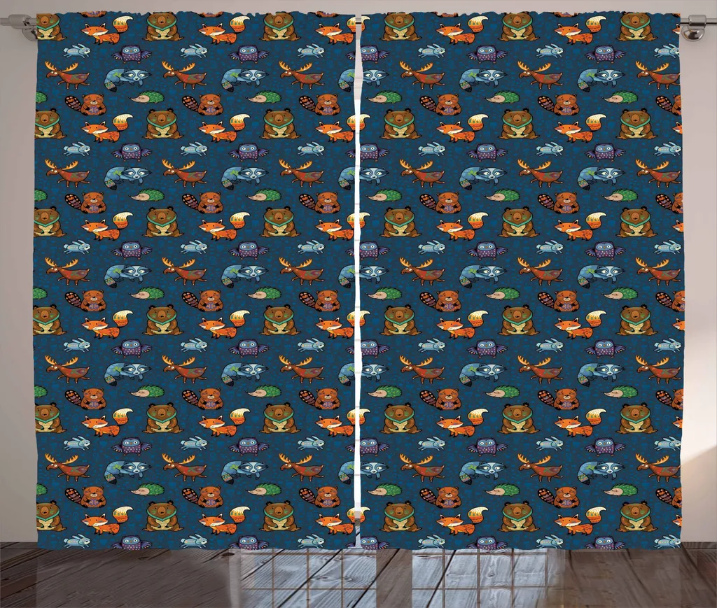 ABAKUHAUS Tenda rustica, animali della giungla, camera da letto Tenda con nastro arricciato, passanti e ganci, 280 x 175 cm, multicolore
