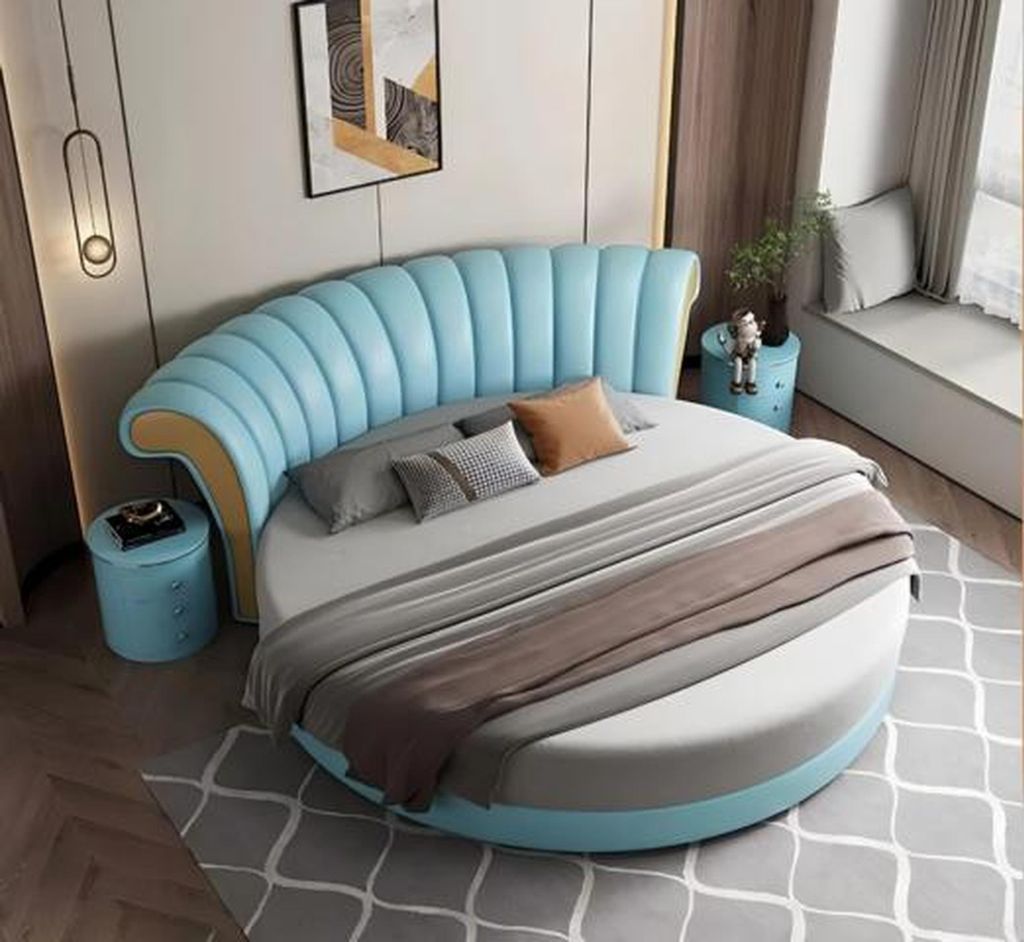 Exklusives Rundbett Weiß Beige Polster Leder Design Modernes Schlafzimmer