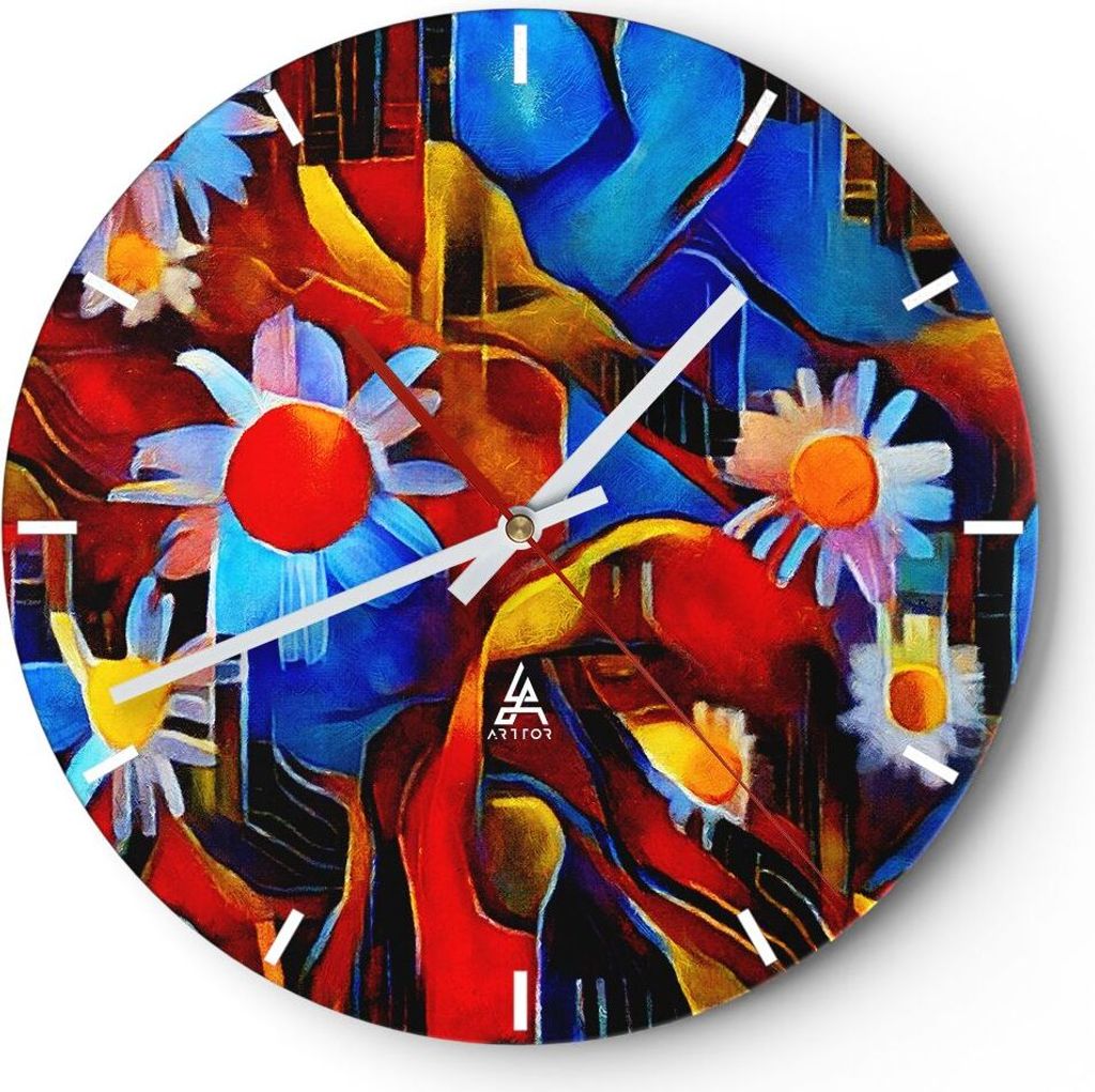 Wanduhr - Rund - Glasuhr - Blume Abstraktion - 40x40cm - Schleichendes Uhrwerk - Lautlos - zum Aufhängen bereit - Dekoration Modern - Wanddekorati...