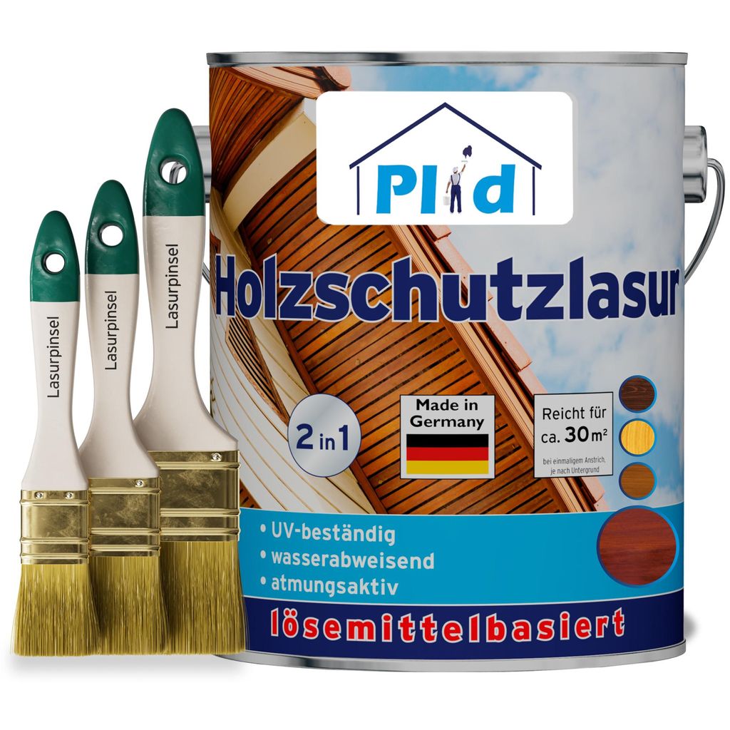 Plid Holzlasur 2,5l Nussbaum für ca. 30m² + Lasurpinselset 3-tlg. / Holzschutz für Holzmöbel, Zäune, Türen & Gartenholz / Holzschutzlasur
