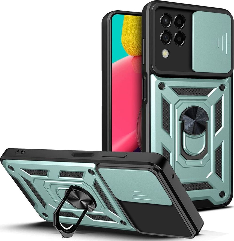 Mobigear Armor Ring Cam Slide Samsung Galaxy M53 Hülle Hardcase Backcover Stoßfest mit Ringhalter - Grün