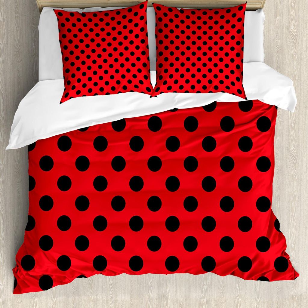 ABAKUHAUS Rot und Schwarz Bettbezug Set, Retro Vintage Pop-Art-Thema alte 60er Jahre 50er Rocker inspiriert mutige Polka Dots Bild, 200 x 200 cm + ...
