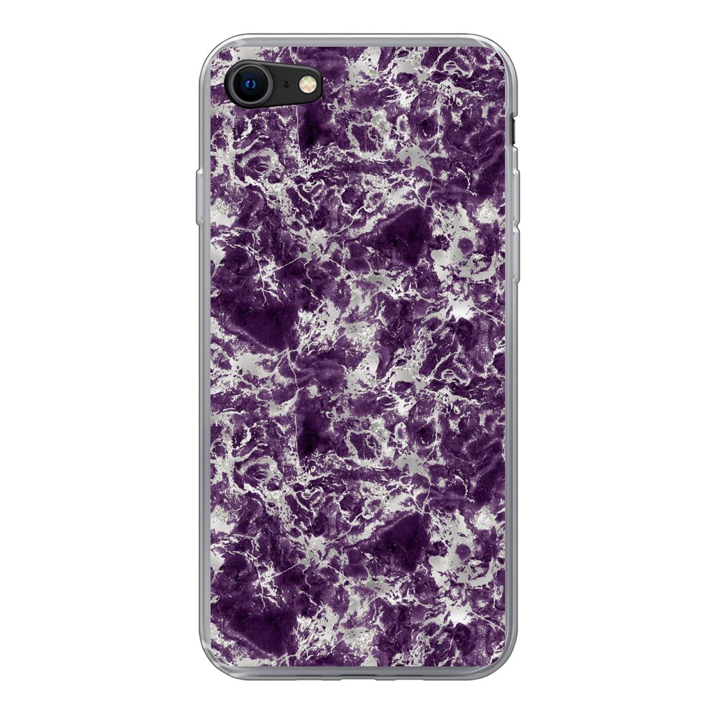 MuchoWow Handyhülle Schutzhülle Hülle für iPhone 7 Marmor - Lila - Silber - Muster Silikon Softcase Handy Hülle - Kartenhalter