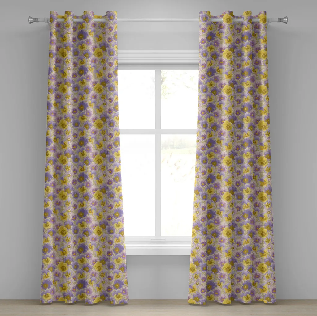 ABAKUHAUS Tenda con occhielli floreale, motivo botanico artistico acquerellato disegnato a mano Pansy Flowers Garden, tende decorative a 2 pannelli, 280 cm x 225 cm, lavanda viola giallo