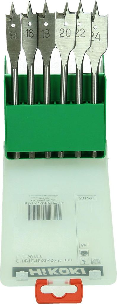 Hikoki Holz-Flachbohrer-Set 781793 Flachfräsbohrer für alle Holzarten, Zentrierspitze, 6-teilig