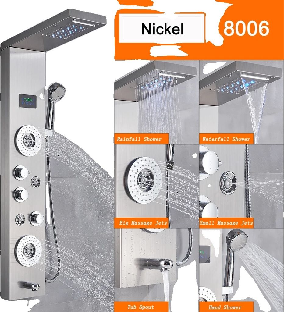 LED-Duschpaneel, langlebiger Messing-Duschkopf, höhenverstellbar, Nickel 8006