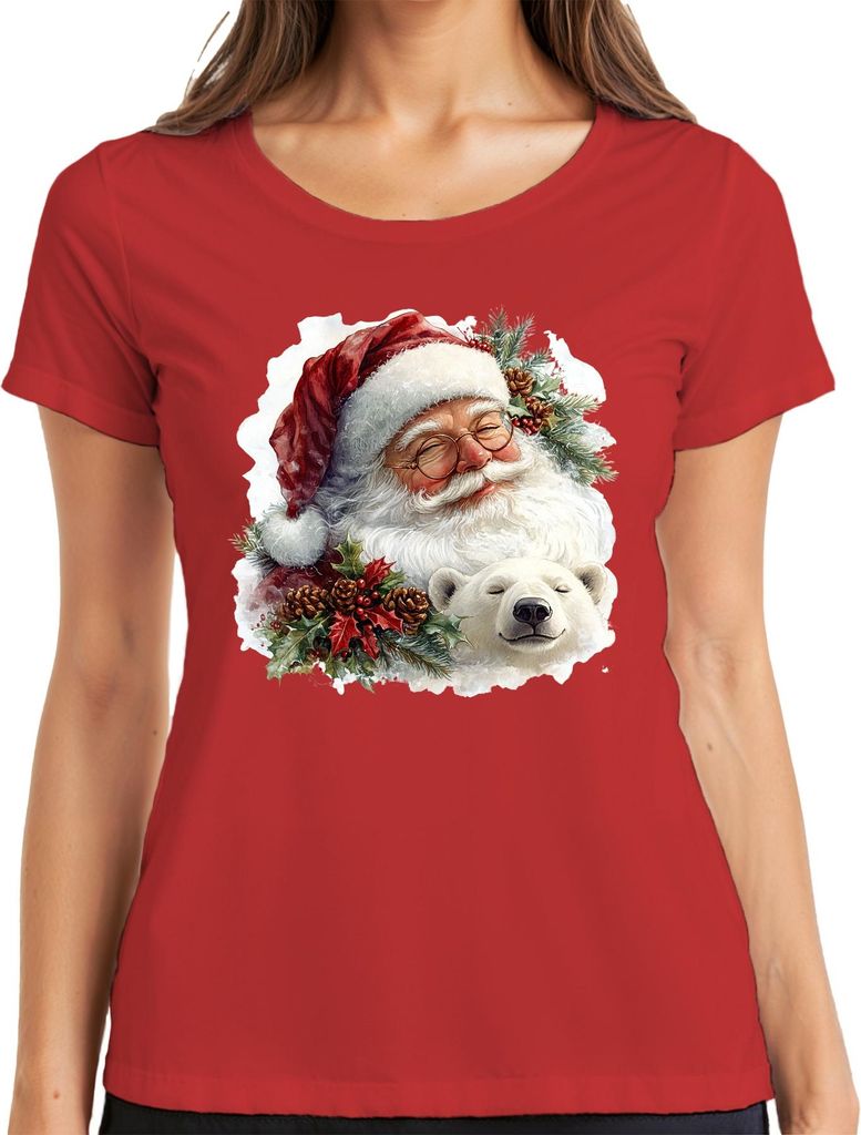 Weihnachtsmann Eisbär Tannenzapfen Stechpalme Weihnachten Vintage Damen T-Shirt, Rot, 3XL