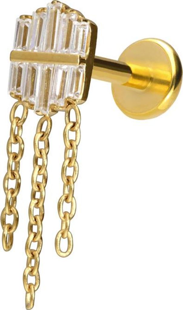 Ohrpiercing, Nasenpiercing Titan Labret mit Push Fit KRISTALLSCHILD + 3 KETTEN Gold Stablänge: 9mm | Stabstärke: 1mm