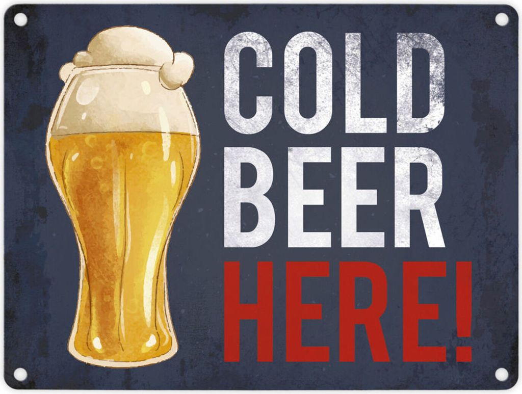 Metallschild mit Bier Motiv und Spruch: Cold Beer Here! Blechschild Schild