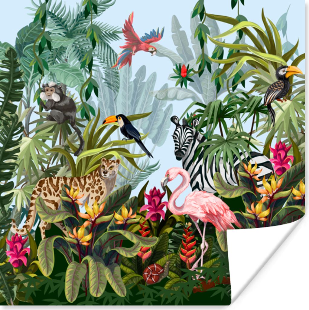 MuchoWow Poster Dschungel - Natur - Jungen - Mädchen - Kinder - Zebra - Flamingo 75x75 cm - Wand Dekoration