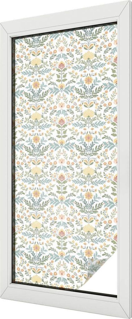 Buntglas Fensterfolie – 116x50 cm – Stained-Glass Design – blickdichte dekorative Sichtschutzfolie – selbstklebend, UV-Schutz – Blumensym...
