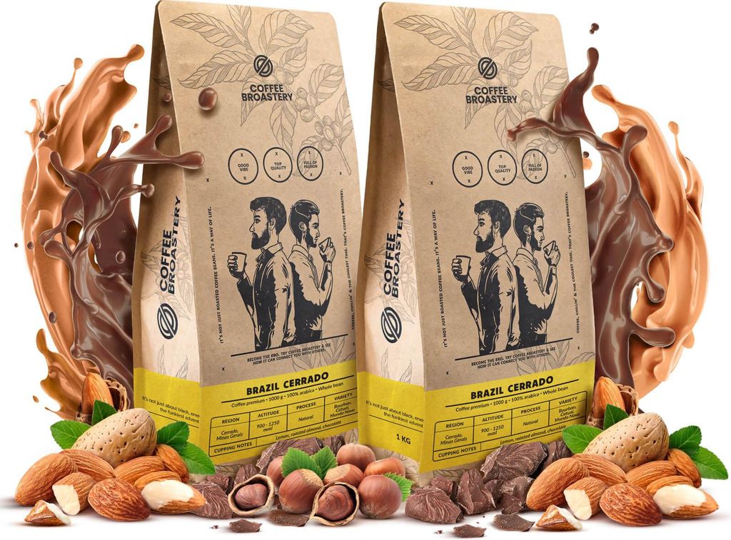 Two bags of coffee beans with chocolate and nuts around them.