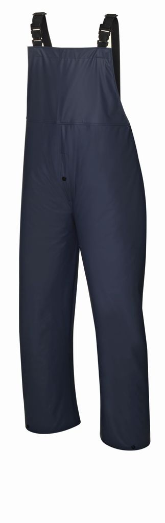 A full-body view of navy blue unisex rain pants with suspenders against a white background.