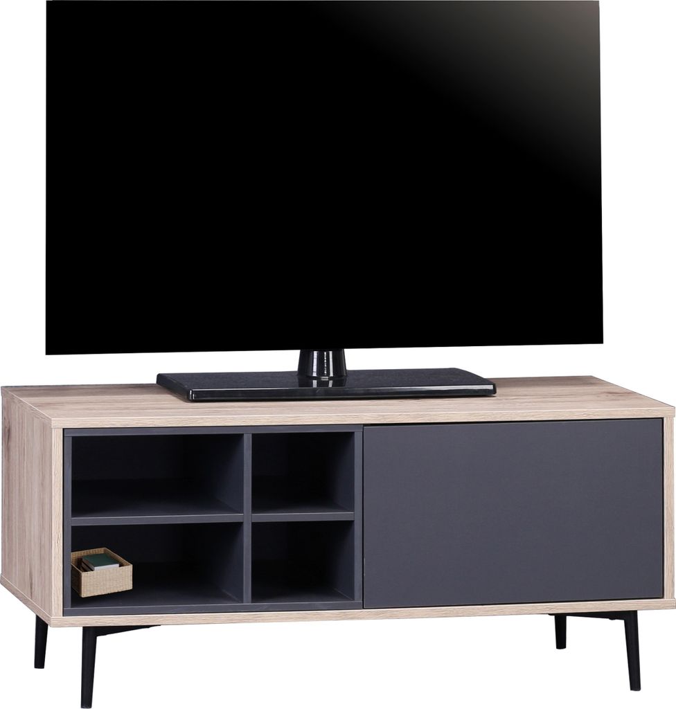 Möbilia TV-Lowboard mit 1 Tür, 4 offene Fächer | MDF mit glatter Folierung | Beine Metall | B 97,5 x T 39 x H 45 cm | dunkelanthrazit - natur | ...