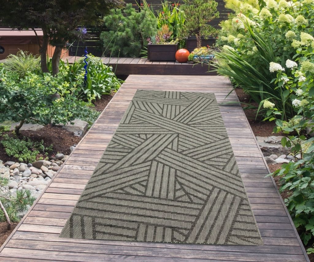 In- & Outdoor Teppich Sisal Optik gestreiftes Muster anthrazit Größe - 80 x 200 cm