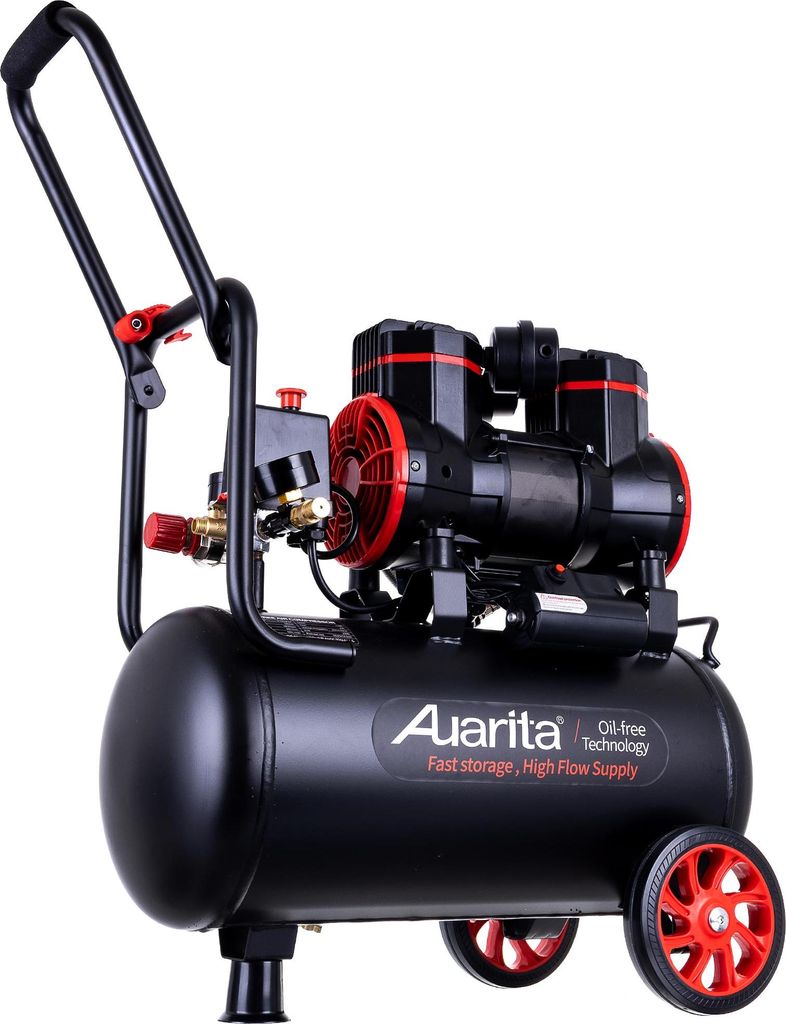 A black air compressor with red accents, shown on a white background.