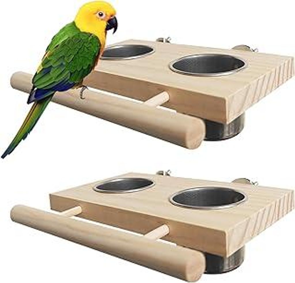 2 Stück Vogelkäfig Zubehör, Vogelfutter Edelstahl Tassen Holz Sitzstange Wellensittich Zubehör Wassernapf Futterschale Vögel für Sittiche Sit...