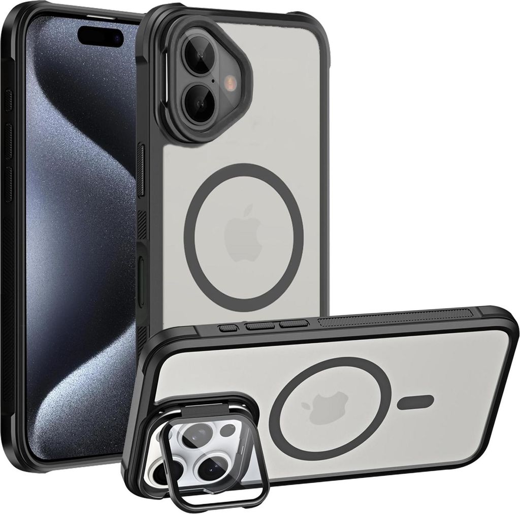 Schutzhülle für iPhone 16 Plus Hülle, kompatibel mit MagSafe klappbarer Kamera Schutz Glas Ständer