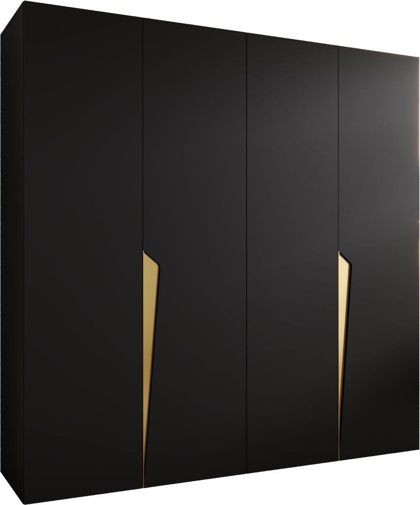 MEBLE KRYSPOL Schrank 200x202x52 cm mit Kleiderstange, 4xTür, PIANO, Schwarz, Griff Gold