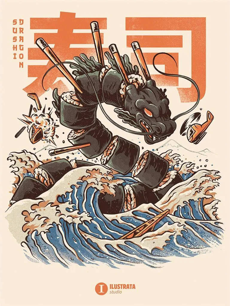 Ilustrata - Stampa su tela "Sushi Dragon" PM6495 (40 cm x 30 cm) (Rosa/Nero/Blu)