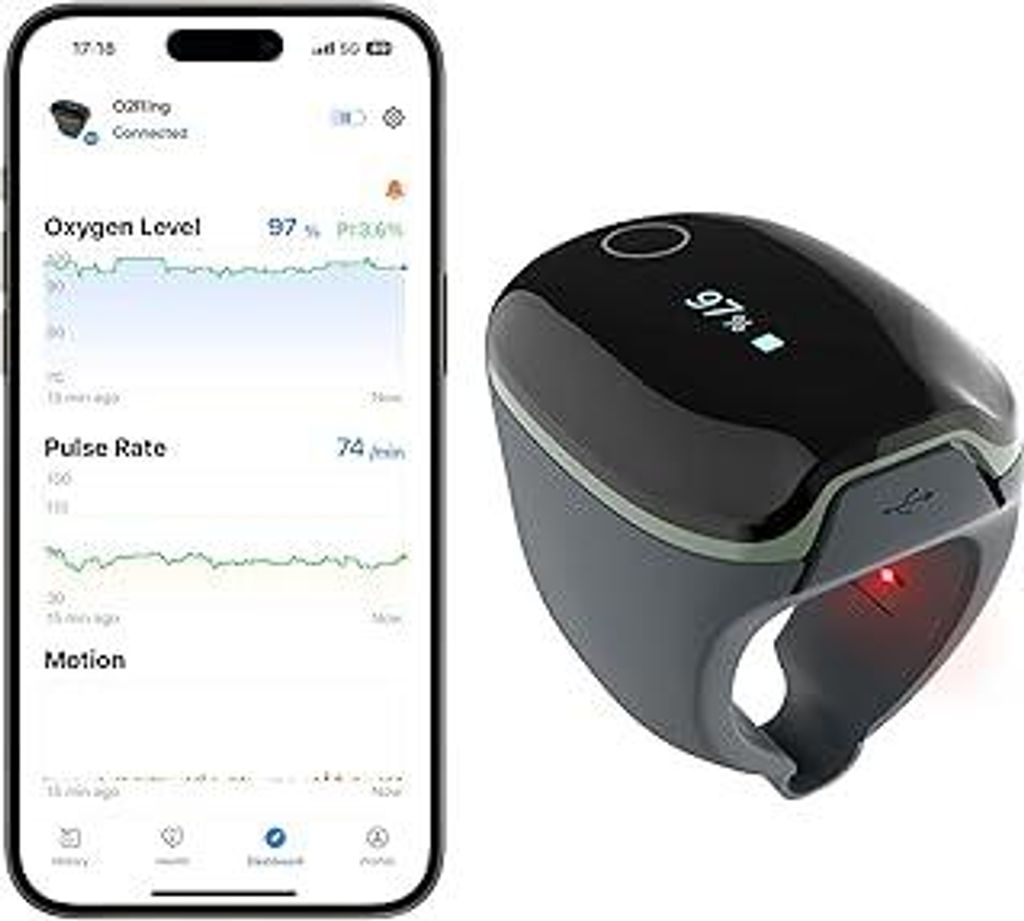 ViATOM O2ring Bluetooth Oximeter, Pulsoximeter Fingertip für kontinuierliche Überwachung nachts, Schlafoximeter zur Messung von SpO2 & Herzfreque...