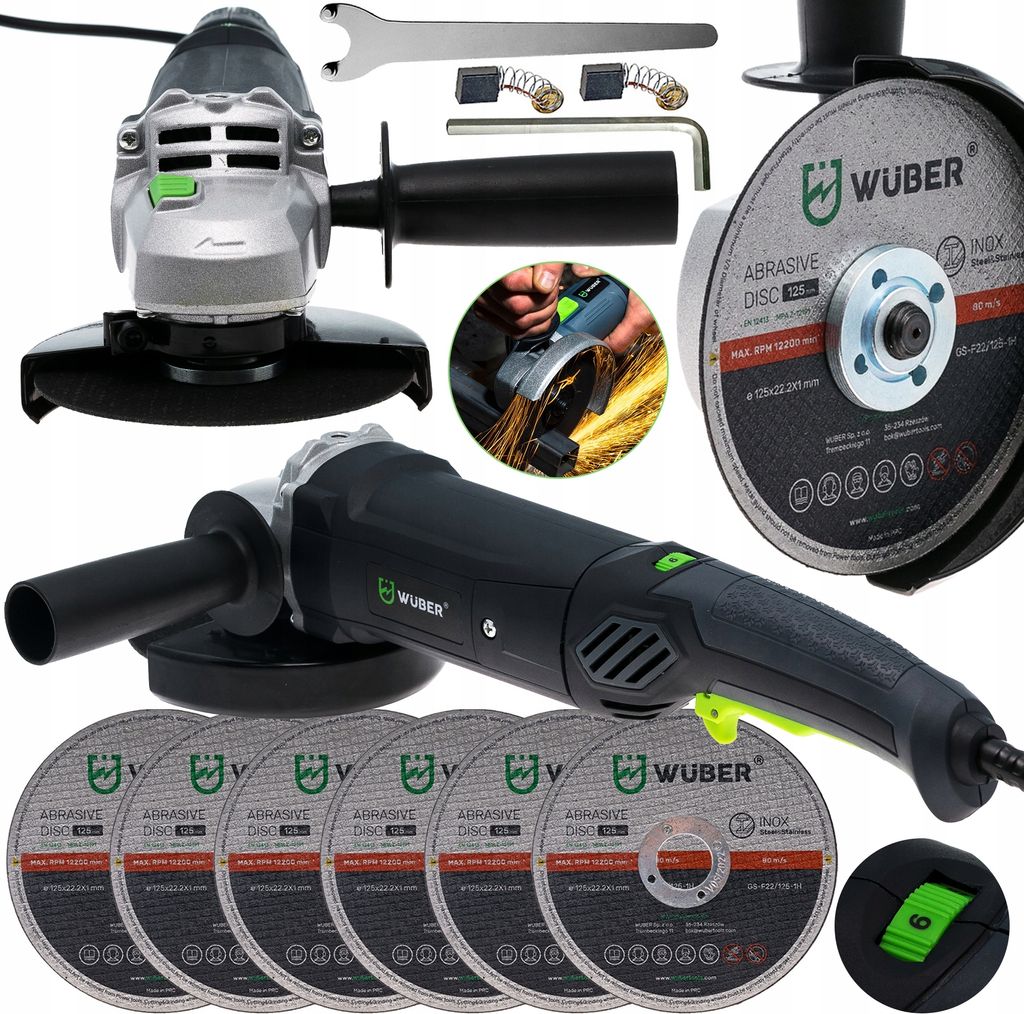 A collage of an angle grinder, its accessories, and cutting discs.