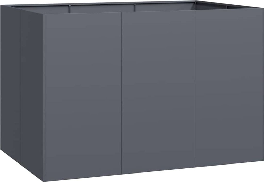 A 3D rendering of a dark gray planter box with three visible panels on the front.