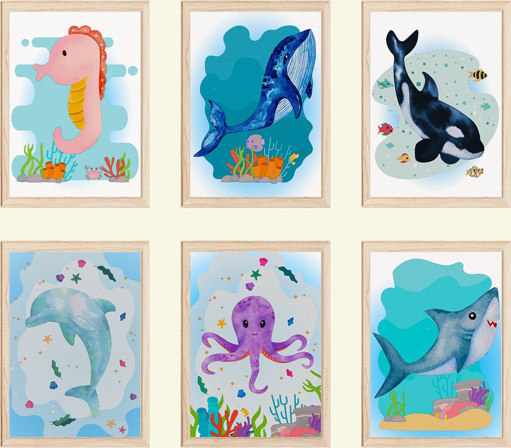 Meerestiere Seepferdchen Wal Delfin Bilder 6er Set DIN A4 Kinderzimmer Wandbilder Babyzimmer Poster Dekoration