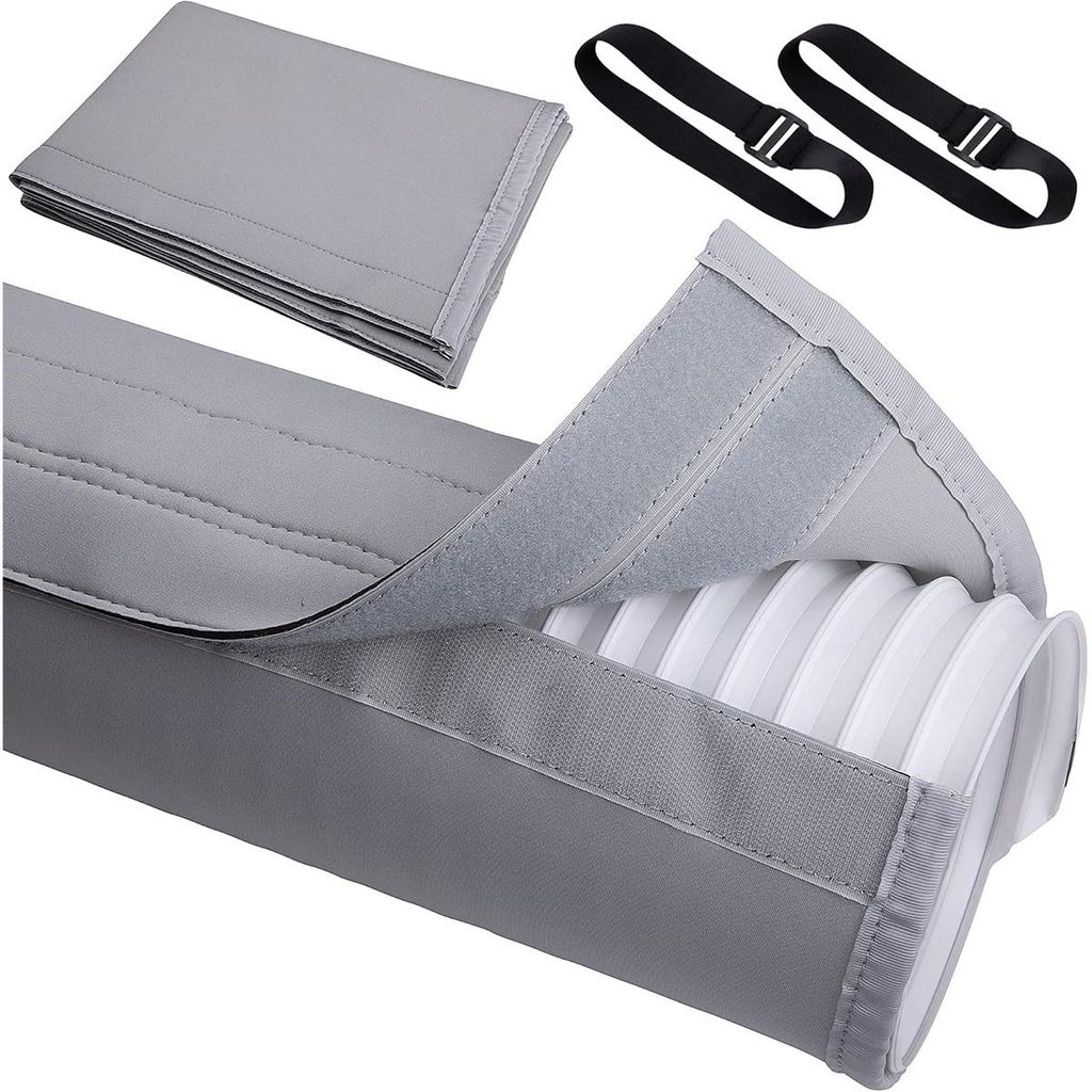 A close-up view of a gray fabric sleeve designed to cover an air conditioner hose, with two black straps visible in the background.