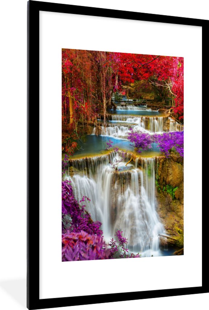MuchoWow Gerahmtes Poster Wasserfall - Rosa - Bäume 60x90 cm - Poster mit Schwarzem Bilderrahmen Wandposter Rahmen Foto Bilder - Dekoration - Wa...