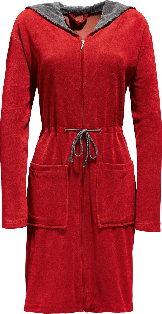 Erwin Müller Damen-Bademantel Schönenberg" mit Kapuze rot/grau 36 / 38"