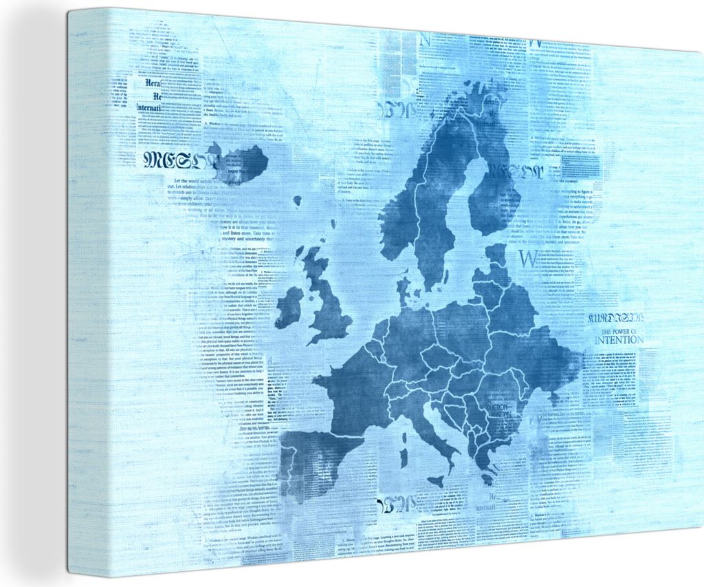 OneMillionCanvasses - Leinwandbilder - 150x100 cm, Karte von Europa - Blau - Zeitung, Wandbilder Kunstdruck Wanddekoration