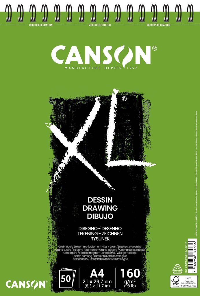 Canson - Zeichenpapier XL Drawing 50 Blatt 160gr A4 weiß | 5 Stück